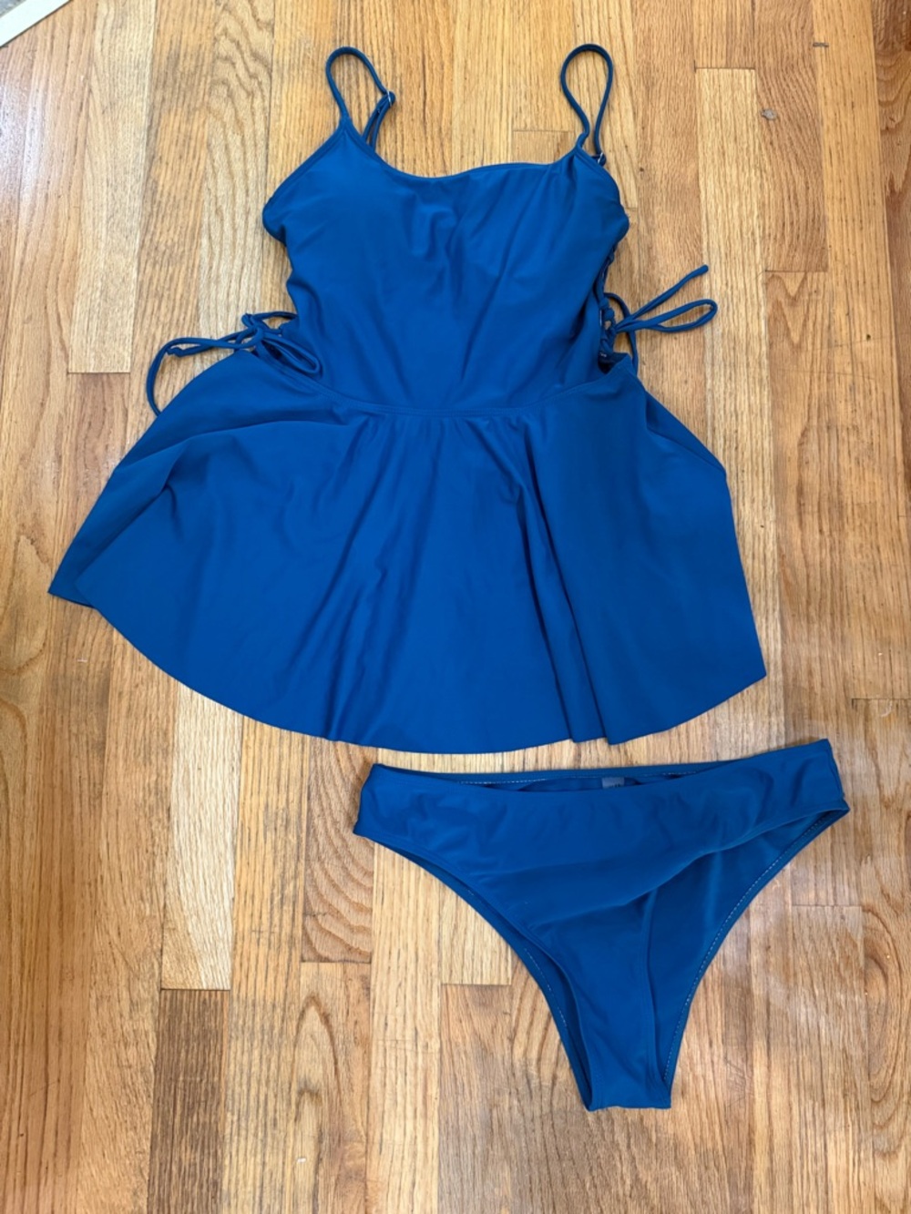 Women's Blue Solid 2pc Tank Bikini Set L Lace-Up Lined Stretch Adj Straps